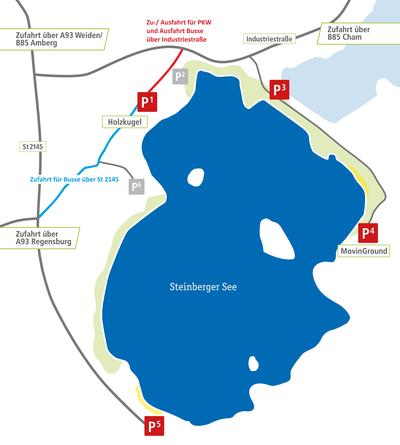 Bild vergrößern: Verkehrsführung und Parken am Steinberger See. Achtung: Für Busse gilt eine gesonderte Verkehrsführung.