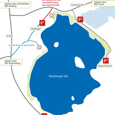 Bild vergrern: Verkehrsfhrung und Parken am Steinberger See. Achtung: Fr Busse gilt eine gesonderte Verkehrsfhrung.