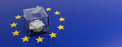 Bild vergrern: European Union parliament election concept. Voting box on EU flag background. 3d illustration